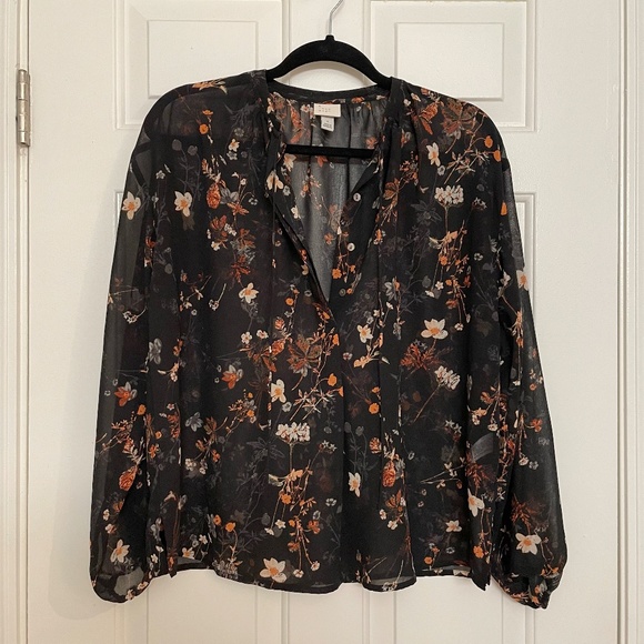 A New Day Black Fall Woodsy Floral Printed Long Sleeve Billowy Peasant Blouse - Picture 2 of 15